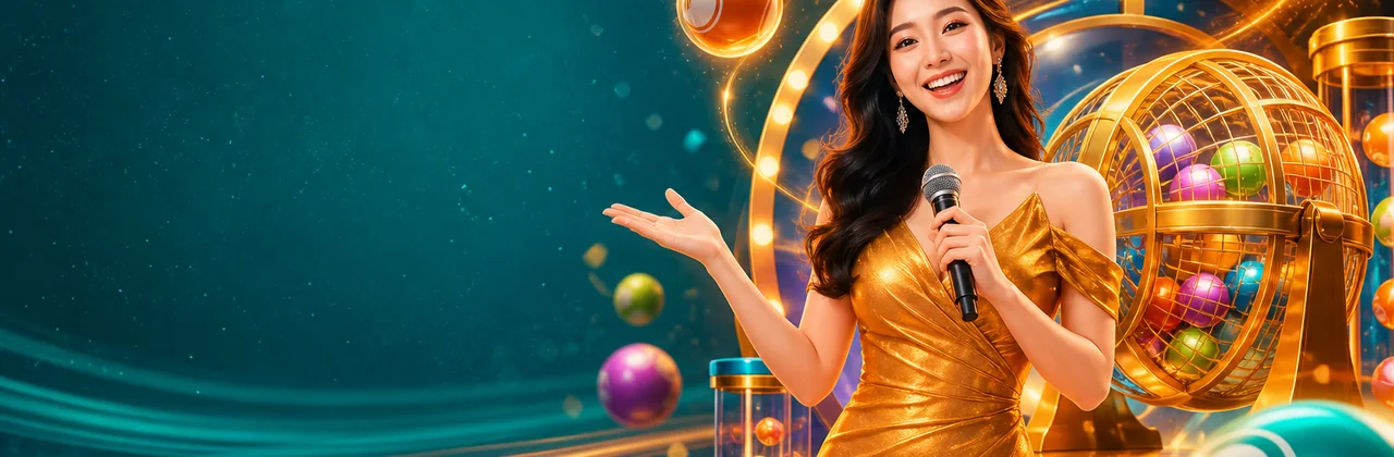 Banner xổ số với quả cầu số phát sáng và người dẫn chương trình